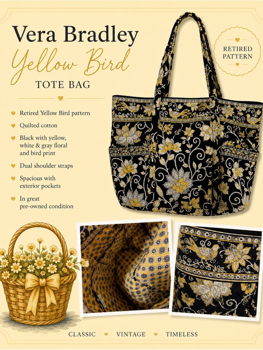 Vera Bradley Black & Yellow Floral Quilted Tote